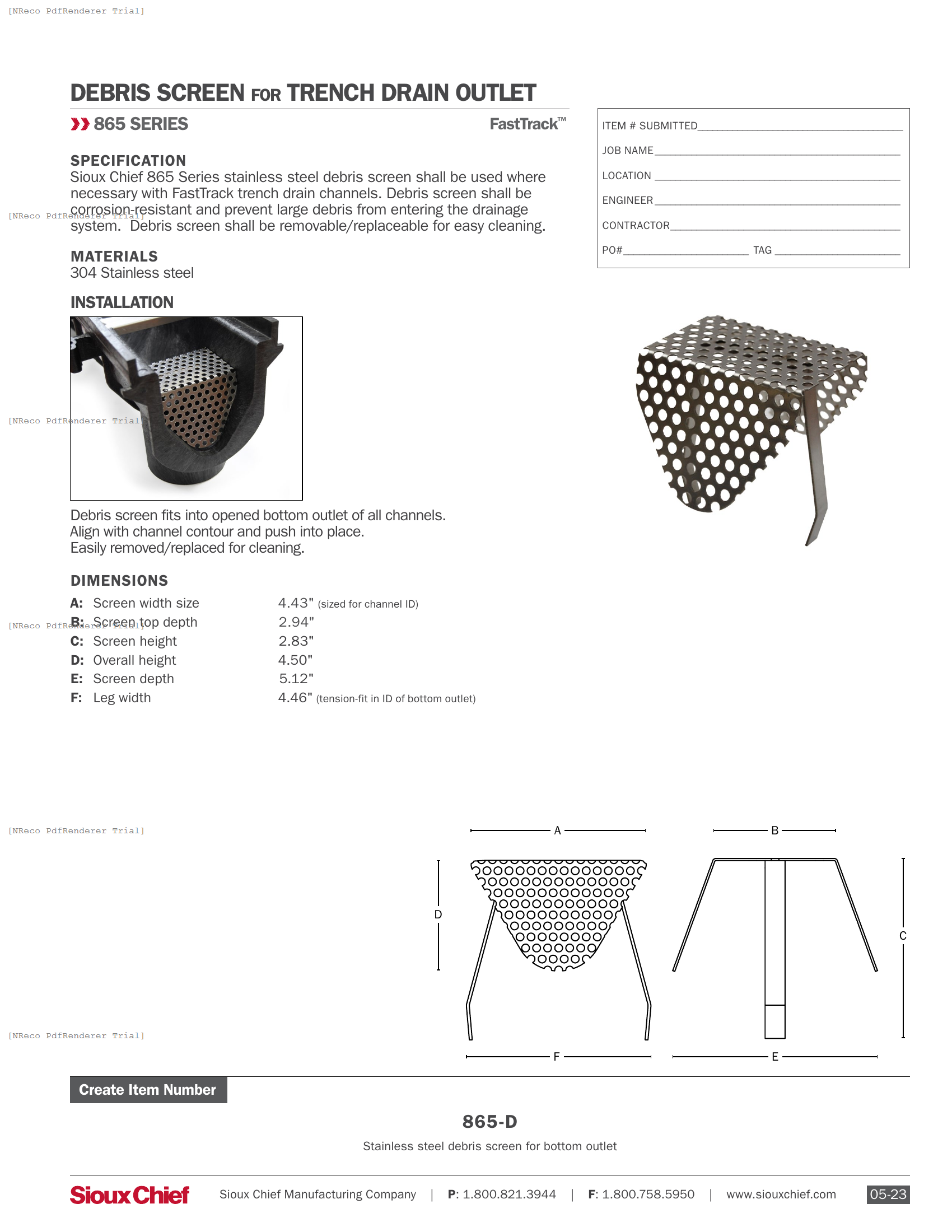 865-D - FASTTRACK DEBRIS SCREEN- SPEC SHEET.PDF Specification Document